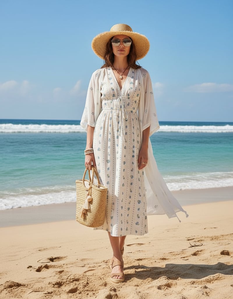 White Floral Fit and Flare Midi Dress with Puff Sleeves