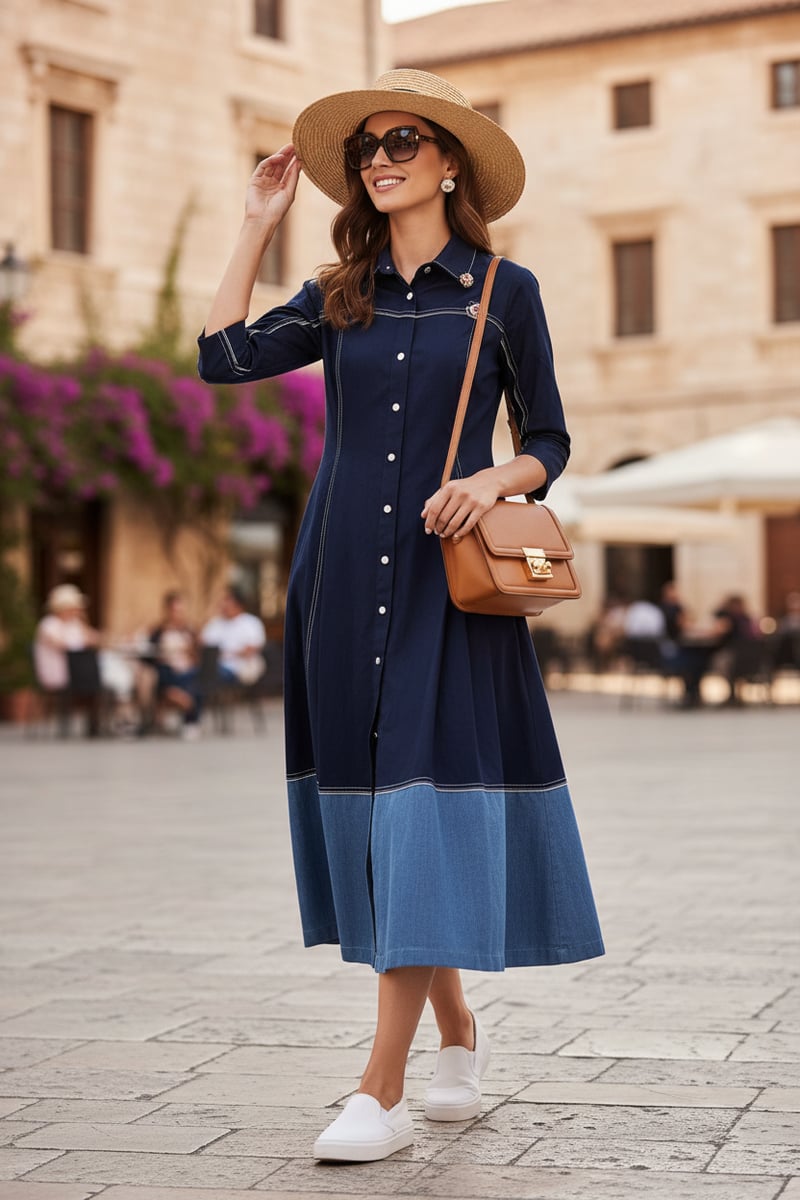 Navy Colorblocked A-Line Midi Shirt Dress
