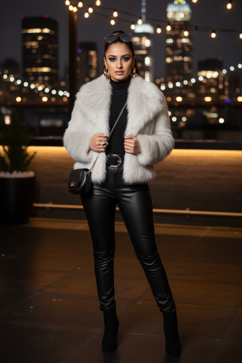 Beige Cropped Faux-Fur Jacket with Lapel Collar