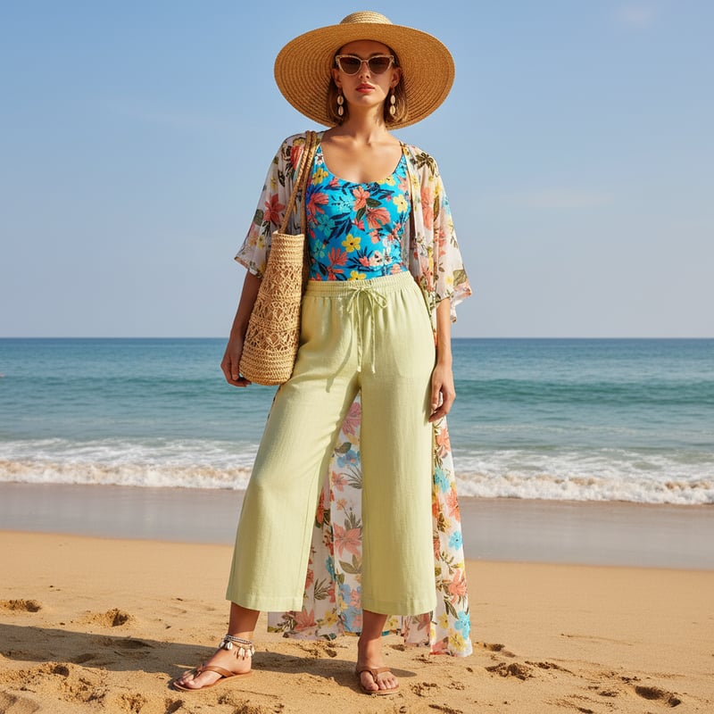 Tea Green Linen Wide-Leg Cropped Drawstring Trousers